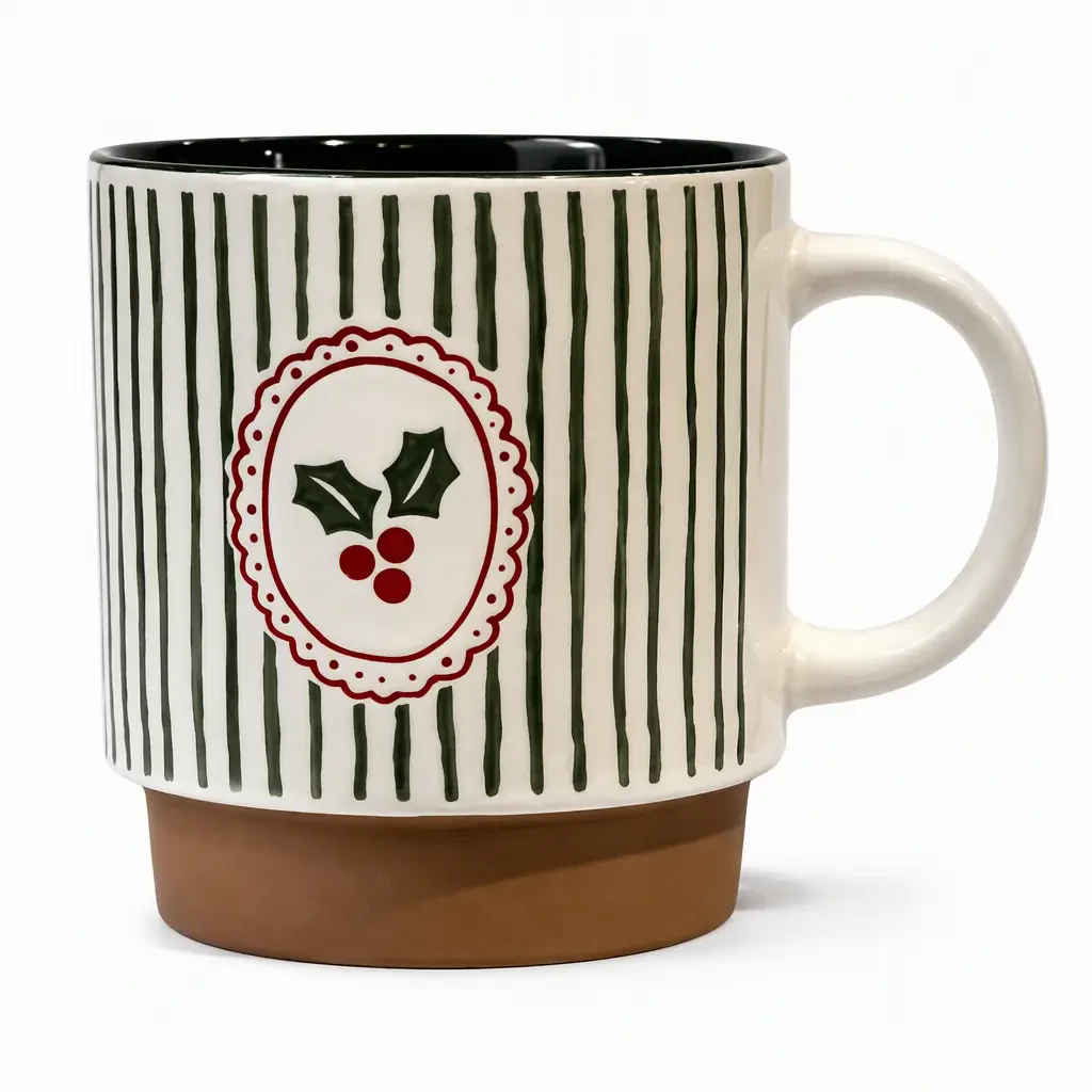 Custom Christmas Ceramic Coffee Mugs Wholesale | Striped Holiday Stoneware Cups with Raw Base - OEM Manufacturer