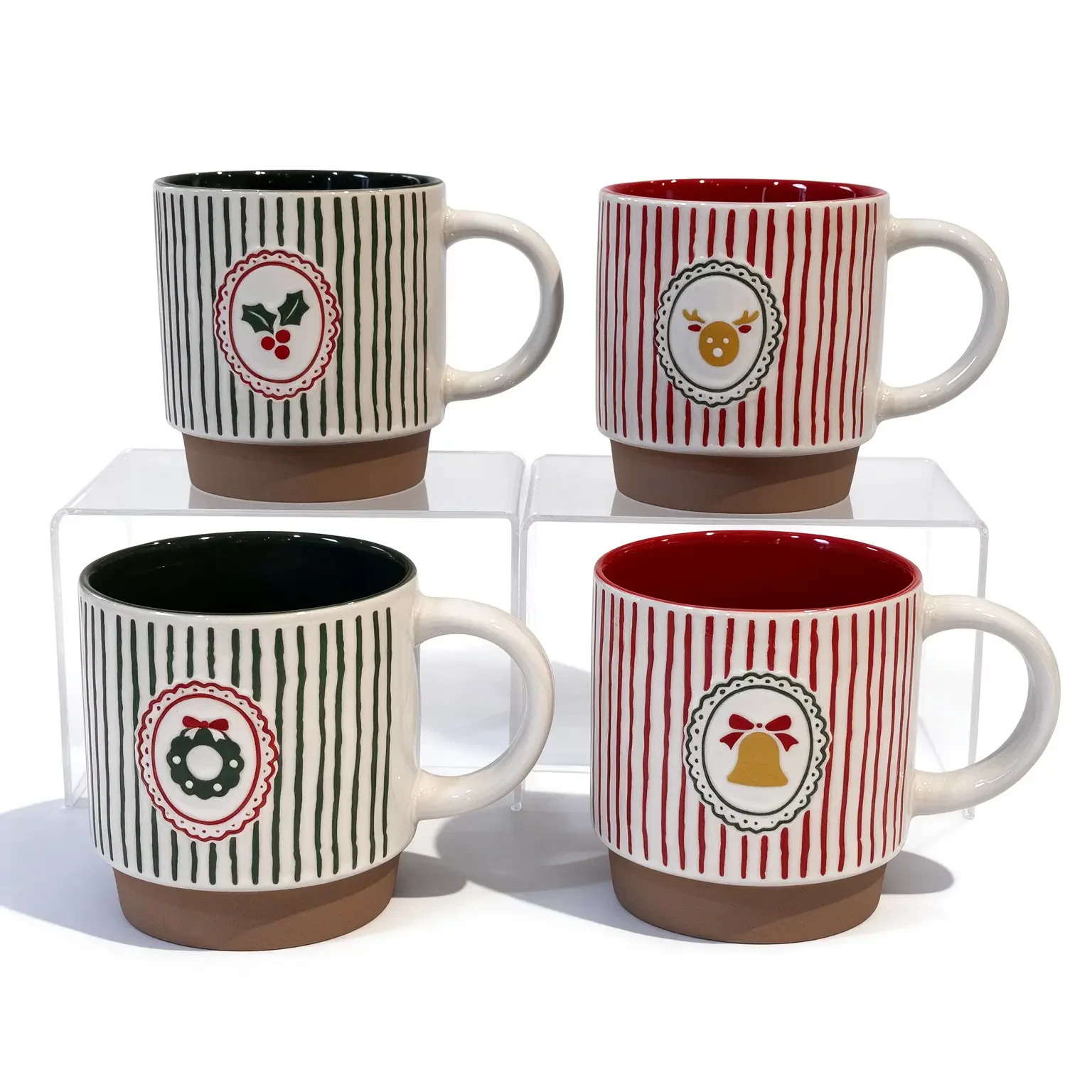 Custom Christmas Ceramic Coffee Mugs Wholesale | Striped Holiday Stoneware Cups with Raw Base - OEM Manufacturer