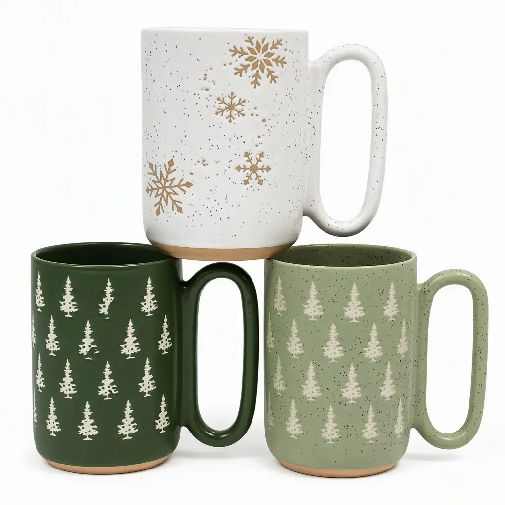 Custom Christmas Ceramic Mugs with Snowflake and Christmas Tree Designs