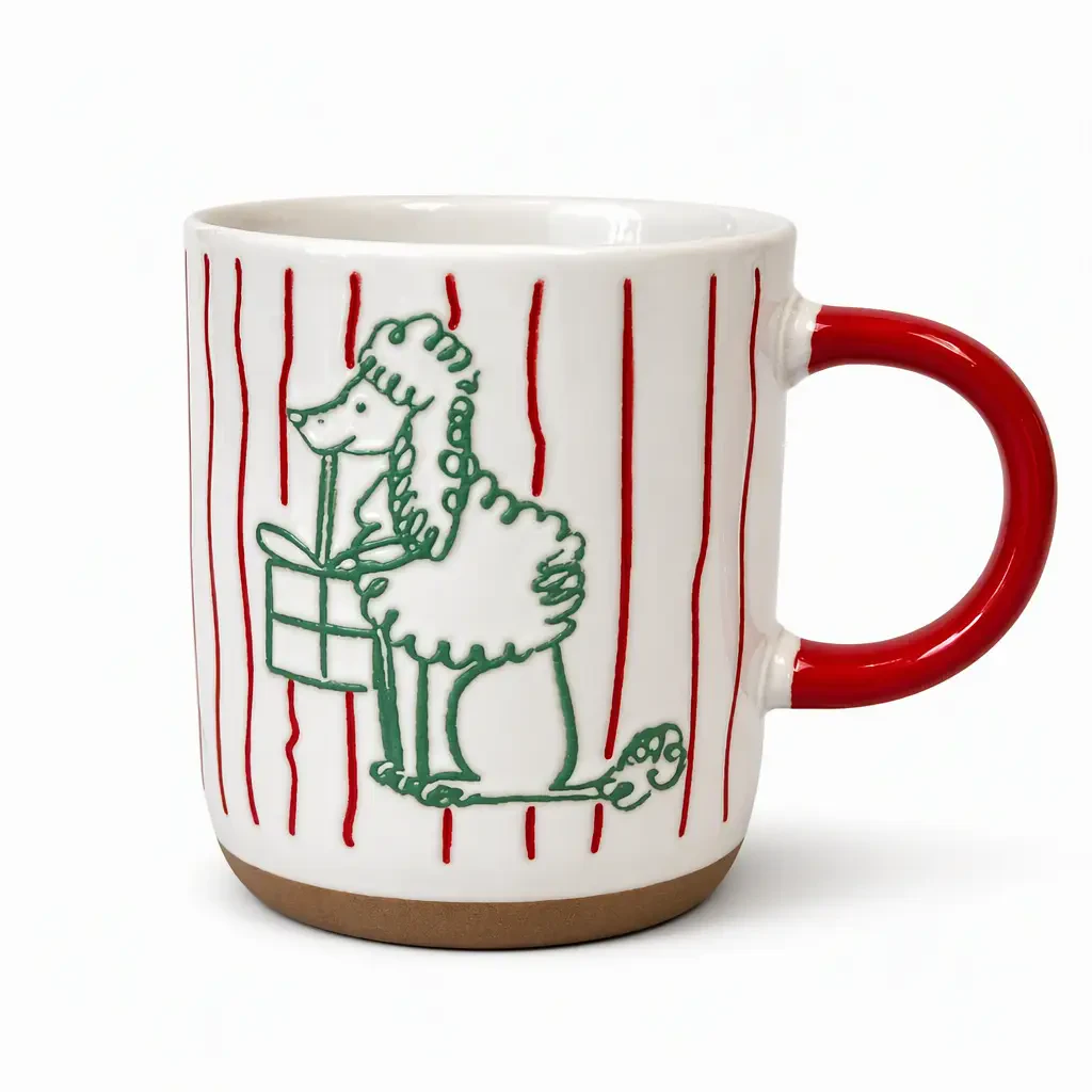 Custom Holiday Ceramic Coffee Mug Wholesale | Striped Stoneware Cup with Red Handle - OEM Manufacturer