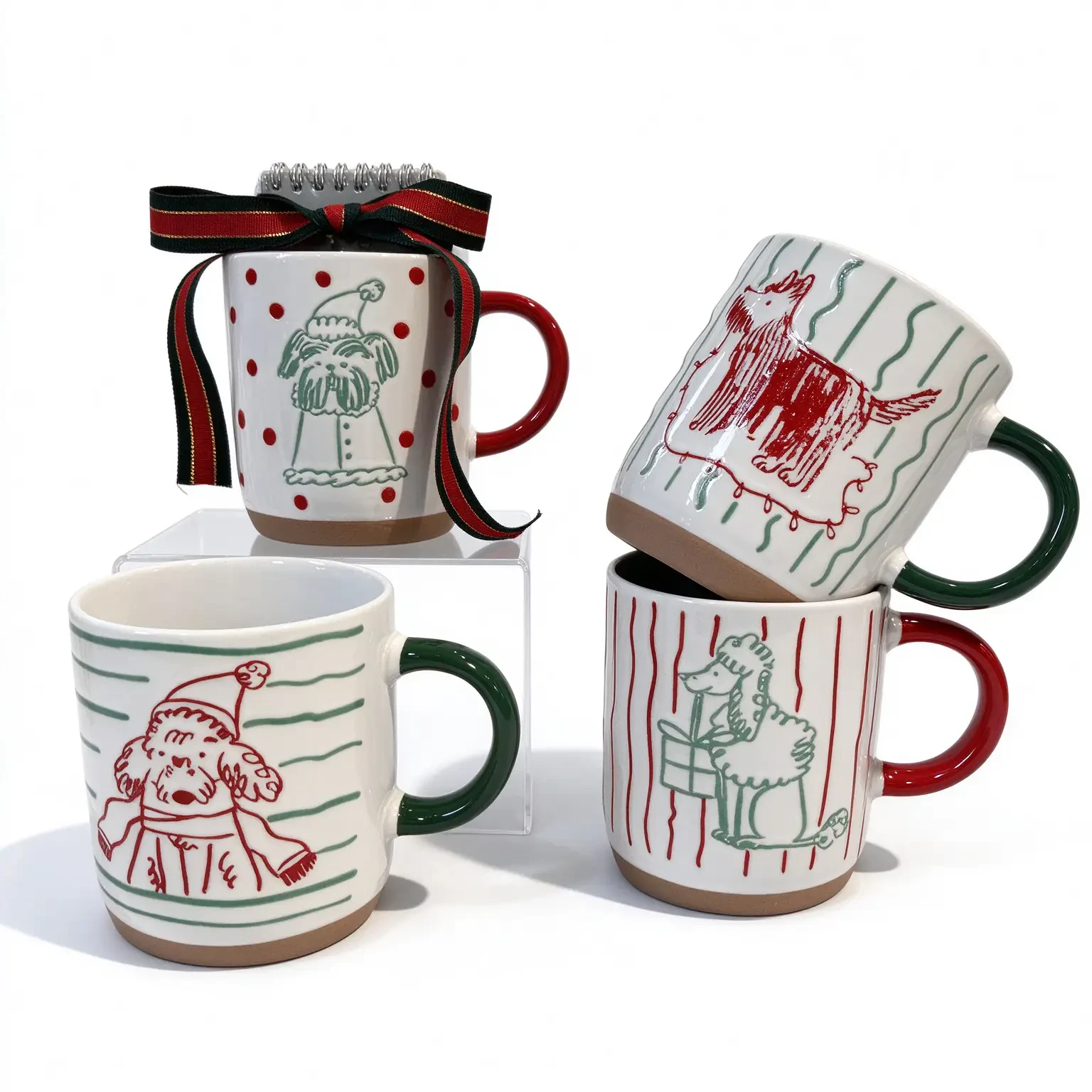 Custom Holiday Ceramic Coffee Mug Wholesale | Striped Stoneware Cup with Red Handle - OEM Manufacturer
