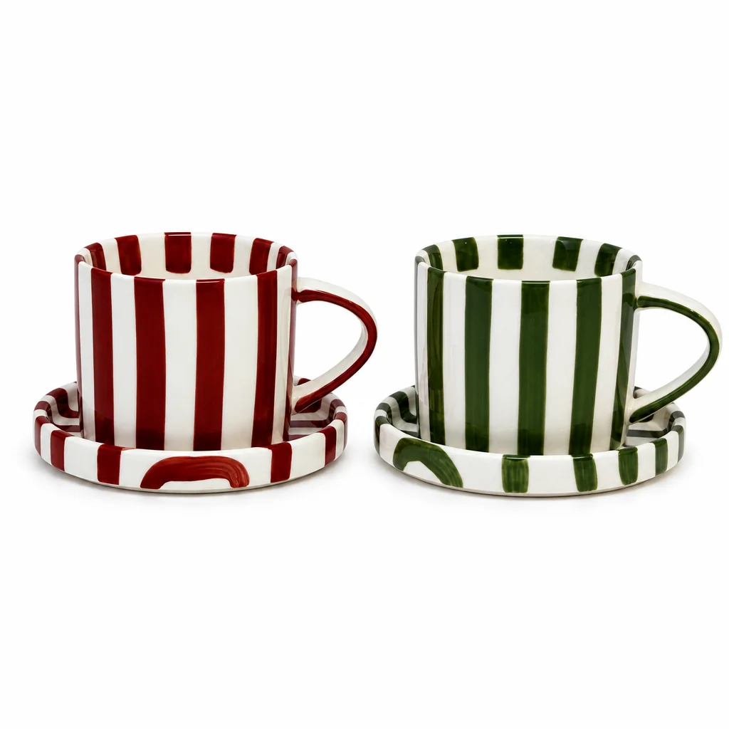 Taza de Café de Cerámica a Rayas Personalizable con Platillo | Fabricante OEM de Tazas de Cerámica