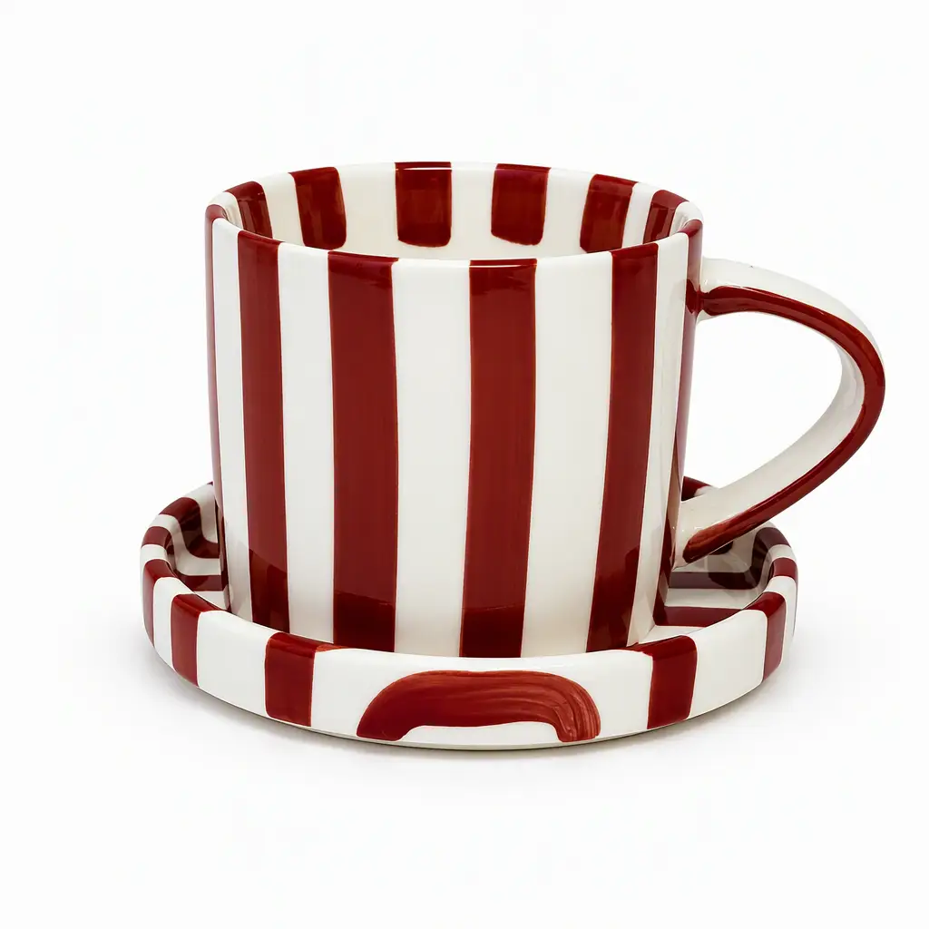 Custom Striped Ceramic Coffee Mug with Saucer Set | OEM Ceramic Mug Manufacturer