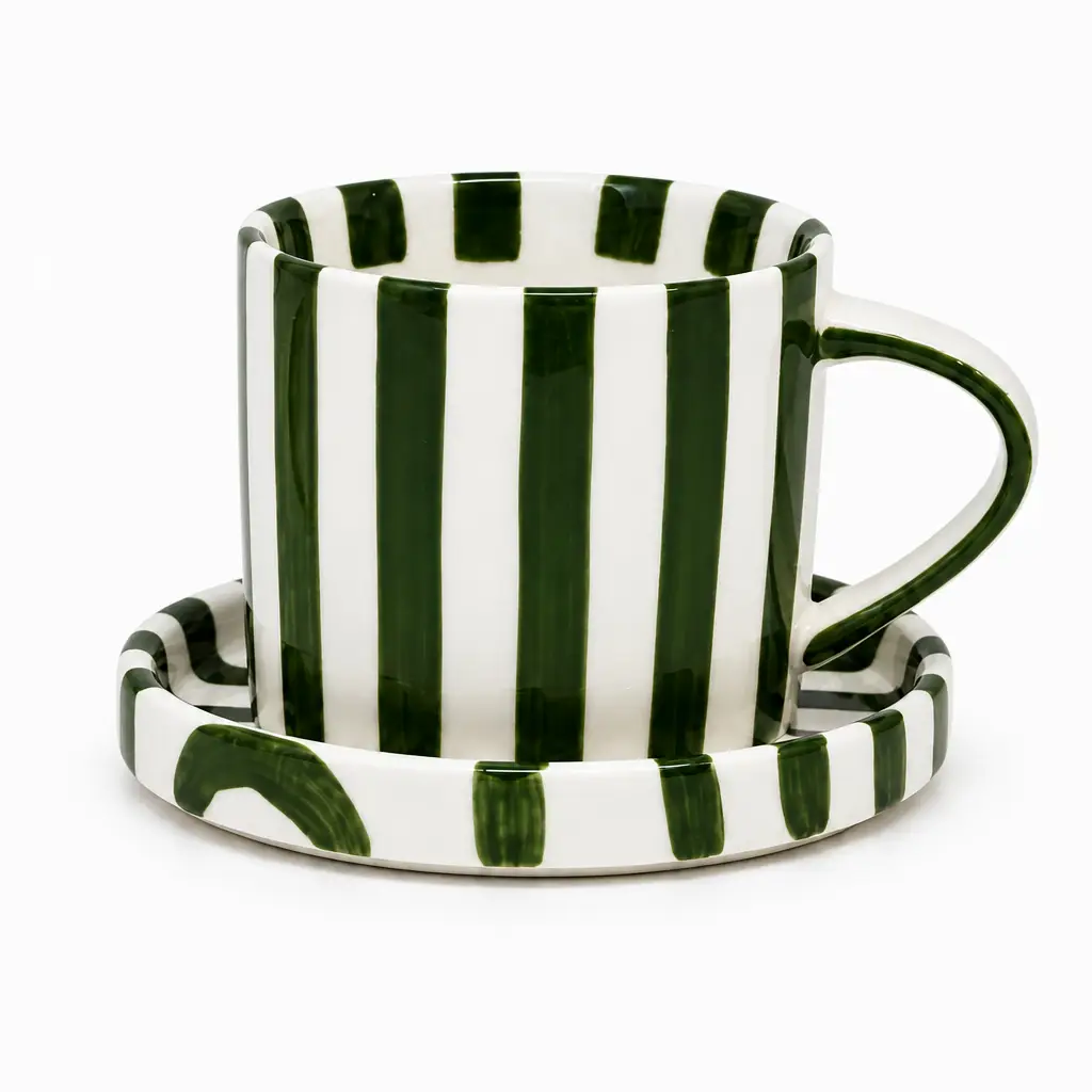 Custom Striped Ceramic Coffee Mug with Saucer Set | OEM Ceramic Mug Manufacturer