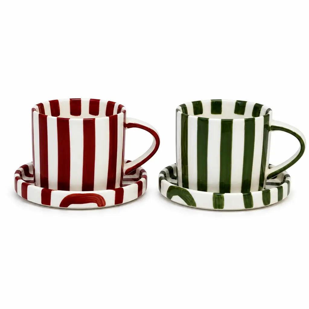 Custom Striped Ceramic Coffee Mug with Saucer Set | OEM Ceramic Mug Manufacturer