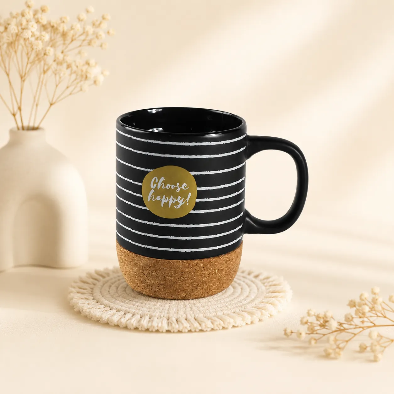 Choose Happy! Minimalist Black Striped Mug with Cork Base